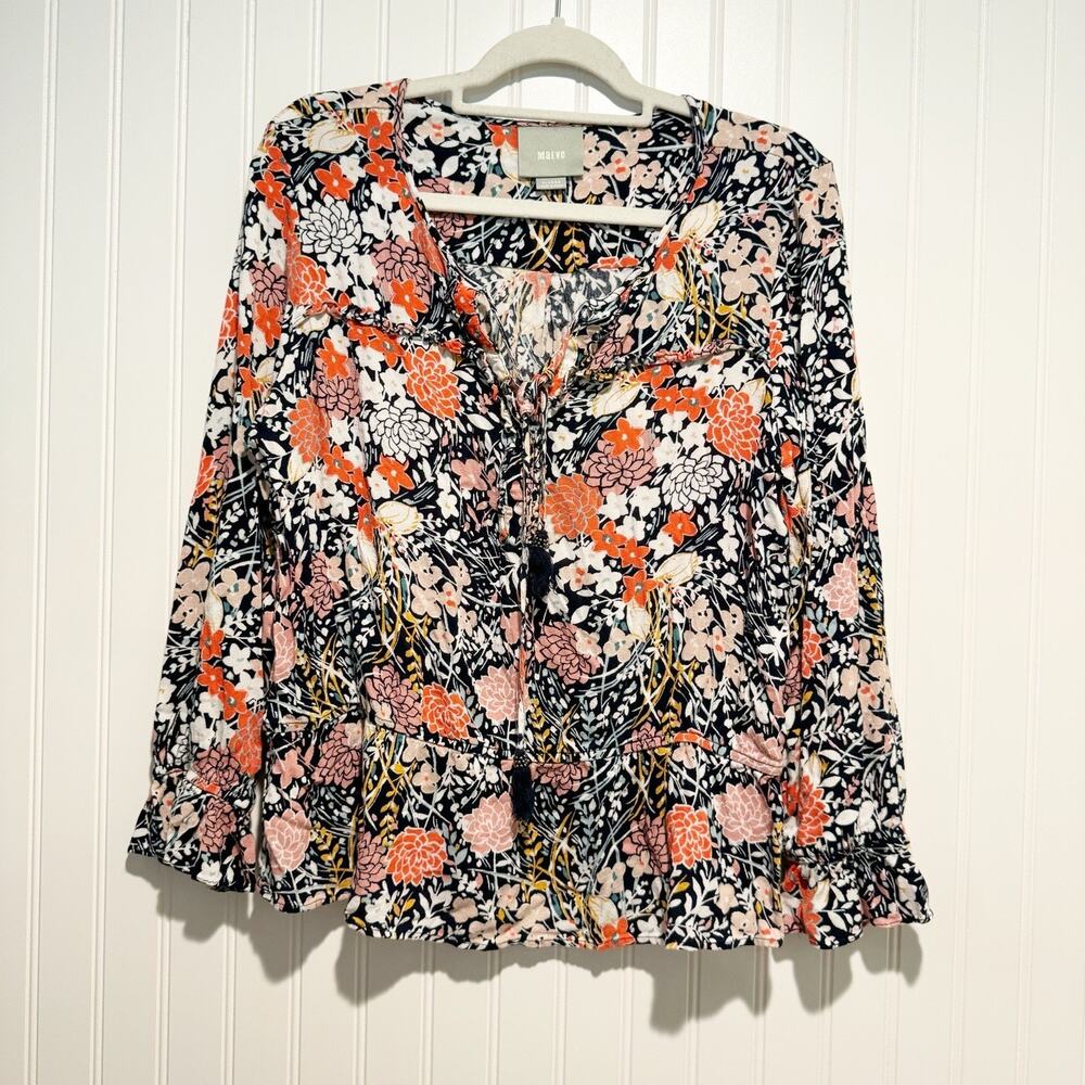 Anthropologie Maeve Floral Peasant Top Tassel Ties Size XL